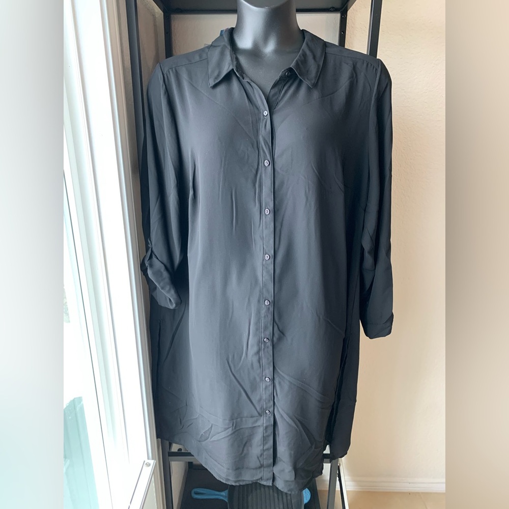 NY Collection Women’s Semi-Sheer Black Button-Up Shirt Dress Roll-up Sleeves GUC